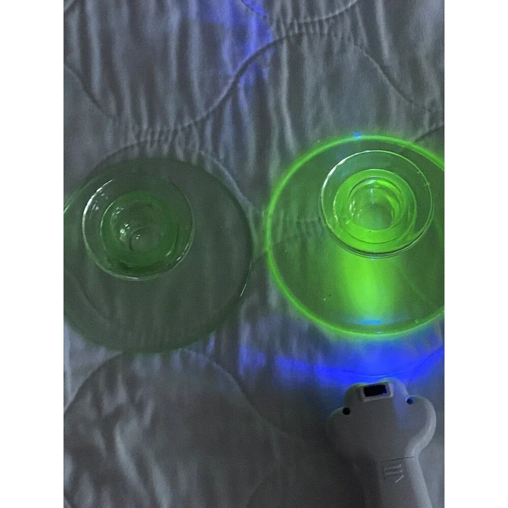 Green Depression Uranium Vaseline Glass Glow Glass 2 Candleholders